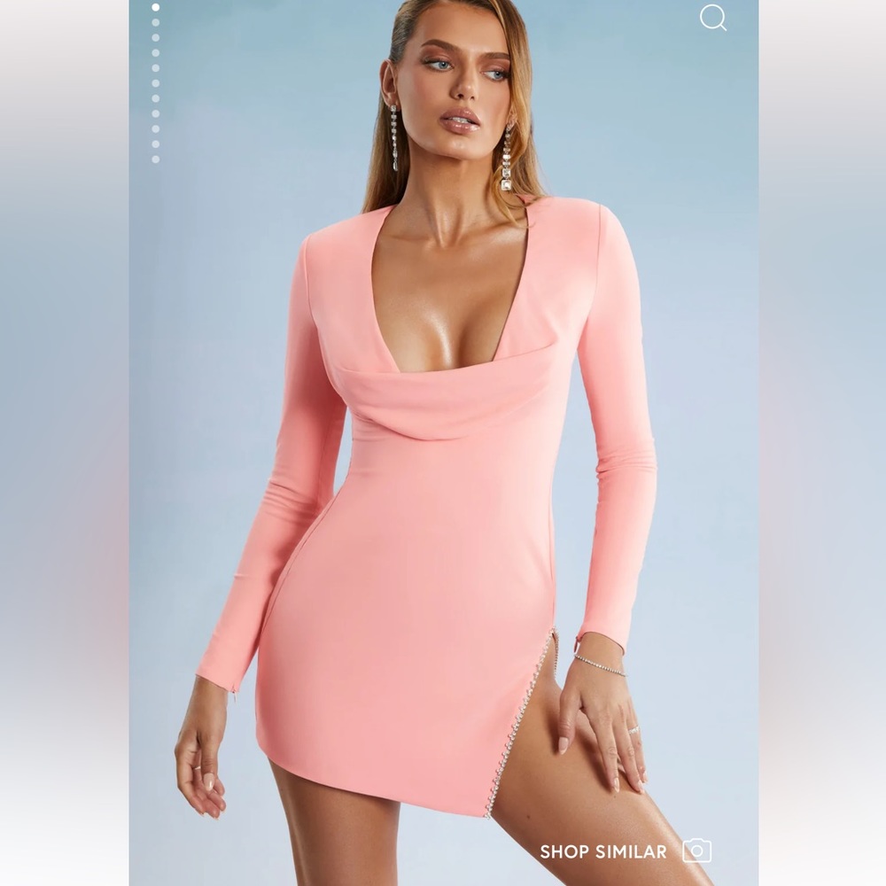 Oh Polly “TATE” Mini Dress 
Cowl Neck Thigh Split Mini Dress in Blush